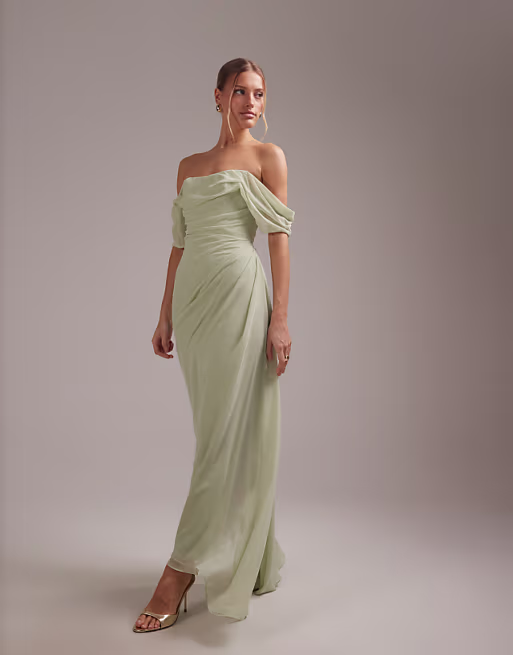 Asclario DESIGN georgette bardot bridesmaids dress in sage green