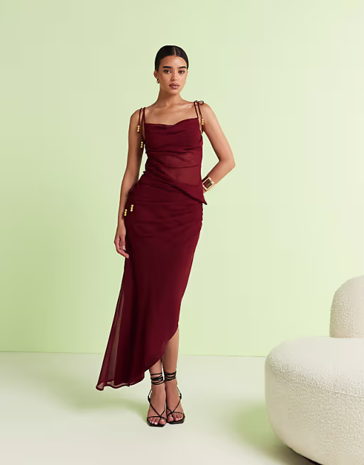 Asclario DESIGN chiffon drape maxi skirt co-ord in burgundy